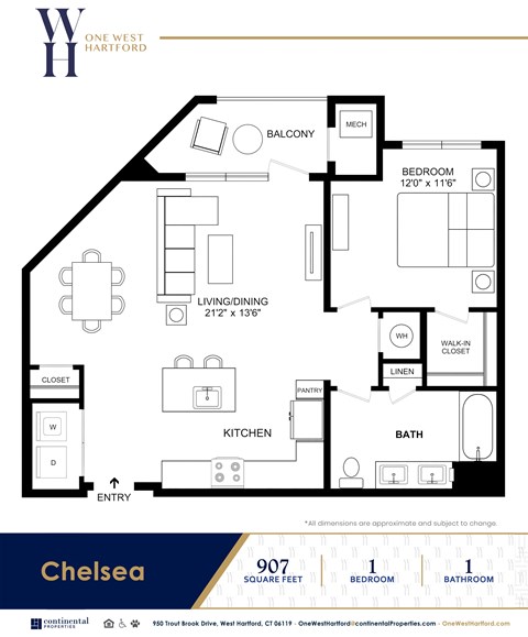 Floor plan for 1 bed, 1 bath, 907 sqft